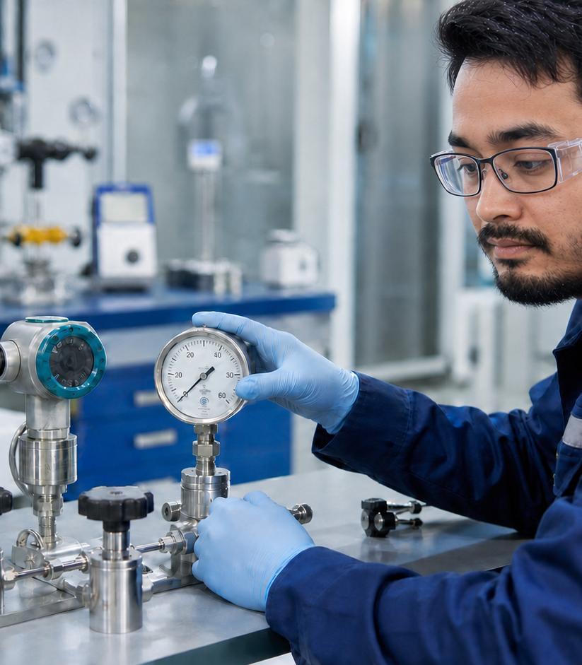 Teknisi melakukan pemeriksaan alat ukur di laboratorium