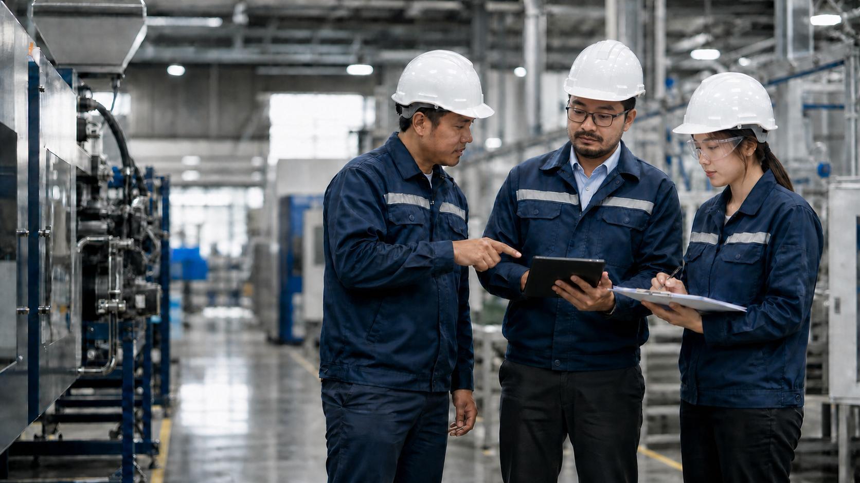 Tim teknis berkoordinasi di area produksi